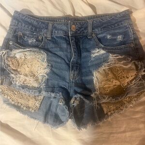 American Eagle Outfitters Blue and Cream Jean Shorts with Distressed Lace